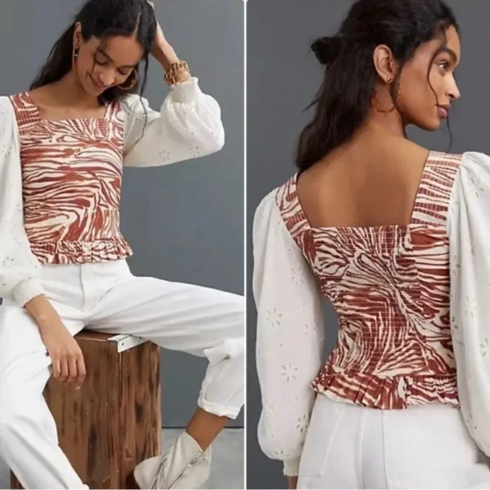 NWT Anthropologie Love The Label Smocked Puff-Sleeve Top size S Blouse